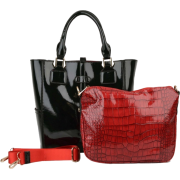 2 in 1 High Gloss Black Top Double Handle Bucket Office Tote Satchel Handbag Purse + Crocodile Print Cross Body Convertible Shoulder Bag - Hand bag - $42.50 