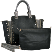 2 in 1 Oversize Black Faux Snake Accent Studded Rhinestones Designer Inspired Top Double Handle Office Tote Satchel Hobo Handbag Purse Shoulder Bag - Hand bag - $42.50 