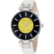 AK Anne Klein Women's 10/9987NVWT Leather Silver-Tone Blue and Yellow Dial White Leather Strap Watch - Watches - $55.00 