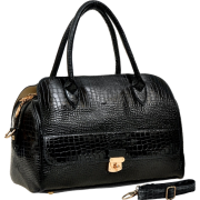 ALECIA Designer Inspired Crocodile Textured Turn-lock Décor Double Handle Doctor Style Bowler Office Tote Satchel Handbag Purse Convertible Shoulder Bag Black - Hand bag - $35.50 