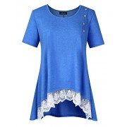 AMZ PLUS Women Plus Size Casual Short Sleeve Loose Lace Tops Tunic Blouses Blue 2XL - Shirts - $13.99 