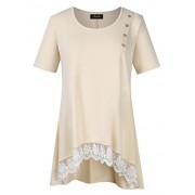 AMZ PLUS Women Plus Size Casual Short Sleeve Loose Lace Tops Tunic Blouses Khaki 2XL - Shirts - $6.99 
