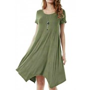ARTFFEL-Women Round Neck Solid Short Sleeve Casual Flare Midi Tunic Dress - Dresses - $11.33 