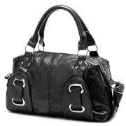 ASHA Bold Silvertone Hardware Bowling style Satchel Office Tote Top Handle Hobo Handbag Purse Black - Hand bag - $19.99 