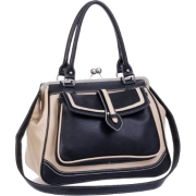 AUBREY Black / Beige Vintage-like Doctor Style Clasp Double Handle Satchel Tote Bowler Handbag Purse Daybag Shoulder Bag - Hand bag - $35.50 