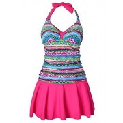 Aleumdr Womens Open Back Printed Halter Neck Padded Swimdress with Panty Liner - Swimsuit - $15.99 