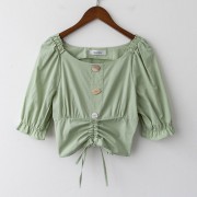 All-match western square collar shirt drawstring exposed navel short sleeve top - Camicie (corte) - $19.99  ~ 17.17€