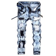 Allonly Men's Destroyed Slim Fit Straight Leg Patchwork Embroidered Ripped Jeans Pants with Broken Holes and Patches - Pants - $33.99 