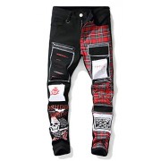 Allonly Men's Plaid Patchwork Destroyed Skull Printed Slim Fit Straight Leg Ripped Jeans Pants with Zippers and Holes Patches - Hlače - dolge - $35.99  ~ 30.91€
