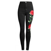 Allonly Women's Black Skinny Fit Stretch High Waisted Ripped Flower Embroidered Jeans Pencil Pants with Holes On Knee - Hlače - dolge - $23.99  ~ 20.60€