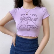 Angel print T-shirt female fungus sexy short section exposed navel short sleeves - Shirts - $19.99 