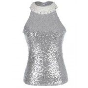 Anna-Kaci Womens Silver Sequin Embellished Pearl and Lace Collar Top, Silver, X-Small - Рубашки - короткие - $39.99  ~ 34.35€