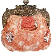 Antique Beaded Rose Evening Handbag, Clasp Purse Clutch w/Removable Chain Pink - Clutch bags - $29.99 