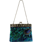 Antique Beaded Sequin Turquoise Sunburst Clutch Evening Handbag Purse w/ 2 Detachable Chains Blue - Hand bag - $29.99 