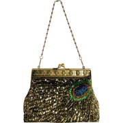 Antique Beaded Sequin Turquoise Sunburst Clutch Evening Handbag Purse w/ 2 Detachable Chains Gold - Hand bag - $29.50 