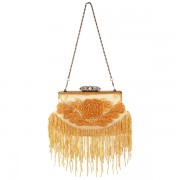 Antique Floral Rose Pattern Handmade Seed Beaded Fringe Beads Satin Evening Shoulder Bag Clasp Flapper Clutch Handbag Purse with Removable Chain Champagne - Hand bag - $44.50 