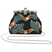 Antique Handmade Seed Beaded Leaf Rhinestone Encrushed Kiss Clasp Frame Soft Clutch Evening Bag Handbag Purse with Detachable Shoulder Chain Black - Hand bag - $49.50 