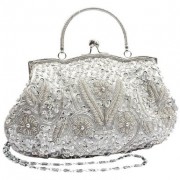 Antique Retro Flower Garden Embellished Seed Bead Sequin Kiss Closure Clasp Soft Clutch Evening Bag Purse Handbag with Handle / Detachable Shoulder Chain Silver - Hand bag - $29.99 