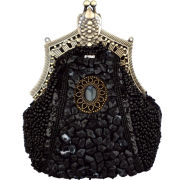 Antique Victorian Applique Plated Brooch Beaded Clasp Purse Clutch Evening Handbag w/2 Detachable Chains Black - Clutch bags - $27.92 