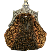 Antique Victorian Applique Plated Brooch Beaded Clasp Purse Clutch Evening Handbag w/2 Detachable Chains Brown - Clutch bags - $27.92 