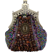 Antique Victorian Applique Plated Brooch Beaded Clasp Purse Clutch Evening Handbag w/2 Detachable Chains Purple - Clutch bags - $29.50 