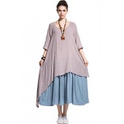Anysize Fake Two Piece Linen Cotton Dress Spring Summer Plus Size Dress Y111 - Dresses - $32.00 