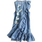 Asymmetric Ruffled Embroidered Denim Dre - Dresses - 