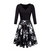 BBX Lephsnt Women Elegant Vintage Dress V-Neck 3/4 Sleeve A-Line Slim Fit and Flare Swing Midi Dress - Dresses - $16.99 