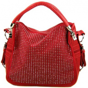 BENOITE Rhinestones Embellished Soft Leatherette Hobo Satchel Handbag Purse Convertible Shoulder Tote Bag Red - Hand bag - $25.50 