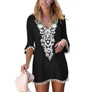 BLENCOT Women's Crochet Chiffon Tassel Swimsuit Bikini Pom Pom Trim Swimwear Beach Cover Up - Kostiumy kąpielowe - $18.99  ~ 16.31€