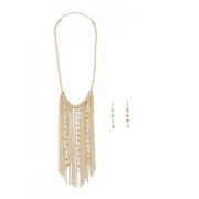 Beaded Chain Fringe Necklace and Earrings Set - Earrings - $6.99 