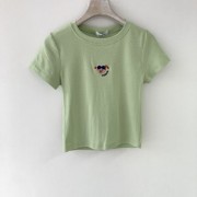 Bear embroidery flower sweet cute girl short short-sleeved slim top - Camisas - $19.99  ~ 17.17€