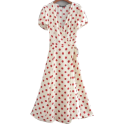 Beige Dark Red Dot French Wrap Dress - Košulje - kratke - $27.99  ~ 177,81kn