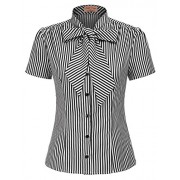 Belle Poque Summer Short Sleeve Office Button Down Blouse Stripe Shirt Tops with Bow Tie BP573 - Košulje - kratke - $13.99  ~ 88,87kn