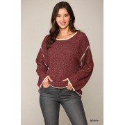 Berry Two-tone Sold Round Neck Sweater Top With Piping Detail - Pullovers - $39.16 