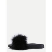 Black Faux Fur Soft Sole Flat Slippers - Sandálias - $28.00  ~ 24.05€