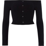 Black Ribbed Long Sleeve Button Up Crop - Koszulki - długie - 