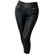 Black Faux Leather Zip Detail Leggings - Tajice - 