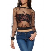 Black Floral Embroidered Mesh Top - Top - $19.97 