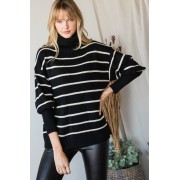 Black Heavy Knit Striped Turtle Neck Knit Sweater - Pullovers - $52.25 