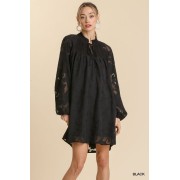 Black Jacquard Raglan Smocked Tie Neck Yoke Dress - sukienki - $62.70  ~ 53.85€