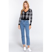 Black Long Sleeve V-neck Fitted Button Down Plaid Sweater Cardigan - Cardigan - $30.25 