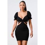 Black Lux Side Cutout W/ Back Tie Detail Bodycon Dress - Dresses - $52.80 