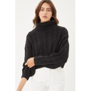 Black Turtle Neck Loose Fit Cable Knit Sweater - Pullovers - $36.30 