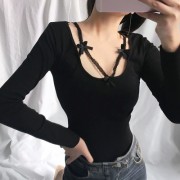 Black Undershirt Long Sleeve Lace Panel V-neck T-Shirt - T-shirts - $25.99 