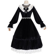 Black White Lace Velvet Lolita Dress - Obleke - 