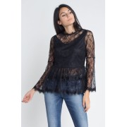 Black Women's Semi Lace Zipper Back Flare Sleeve Blouse - Tuniche - $31.00  ~ 26.63€