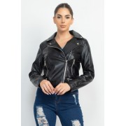 Black Zippered Notch Lapel Rider Jacket - Jacket - coats - $47.30 