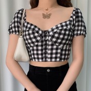 Black and White Check Zip Square Collar Short Sleeve Puff Sleeve Top - Košulje - kratke - $25.99  ~ 165,10kn