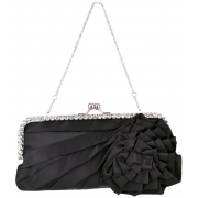 Blossom Flower Rhinestones Decor Kiss Clasp Closure Soft Mini Evening Bag Clutch Handbag Purse Baguette Shoulder Bag w/2 Chain Straps Black - Hand bag - $22.50 